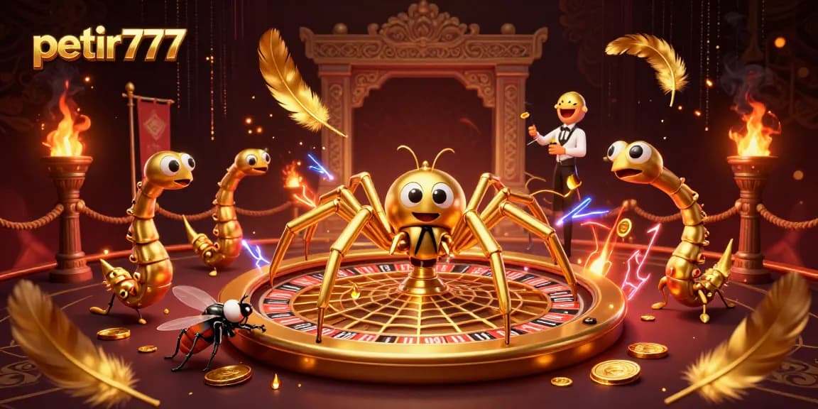 Bet on petir777 as a fly nervously places wagers at a roulette wheel web, surrounded by an enchanting casino atmosphere.