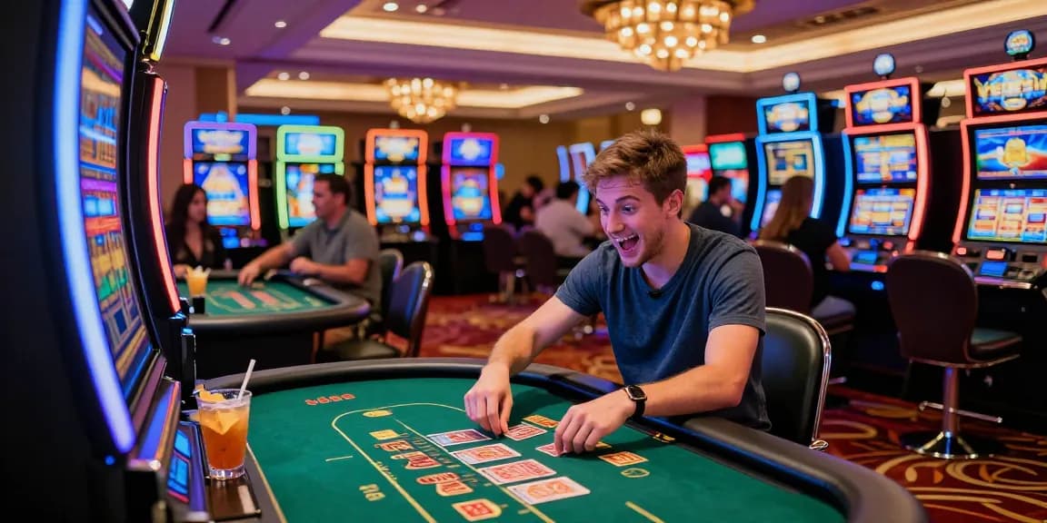 KO66 Casino's new player enjoying a lively gaming experience surrounded by vibrant slot machines and card tables.