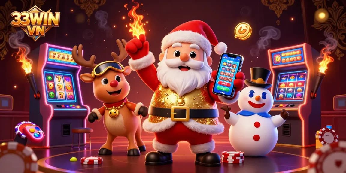 Experience exciting jackpots at 33WIN VN with Santa and friends in a vibrant casino setting.