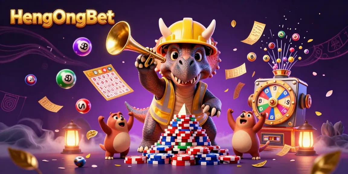 Experience exciting moments at HengOngBet with lottery balls bouncing, celebrating characters, and casino elements.