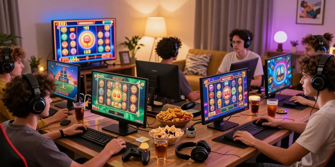Exciting mpo777 login scene with players enjoying slot games in a cozy living room.