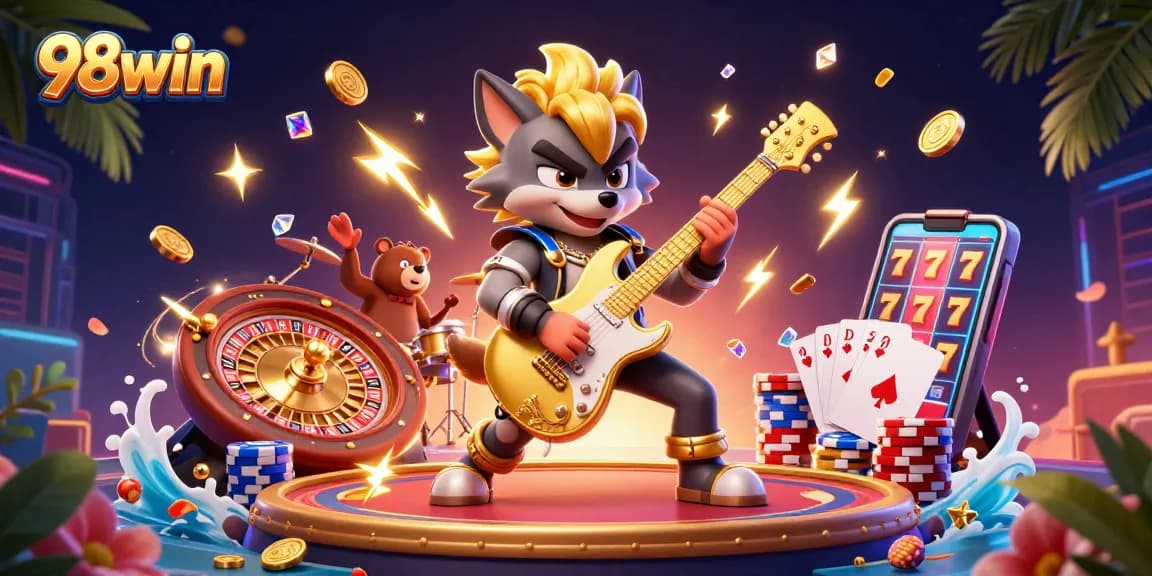 Win big with 98win in this vibrant casino illustration featuring exciting gaming moments.