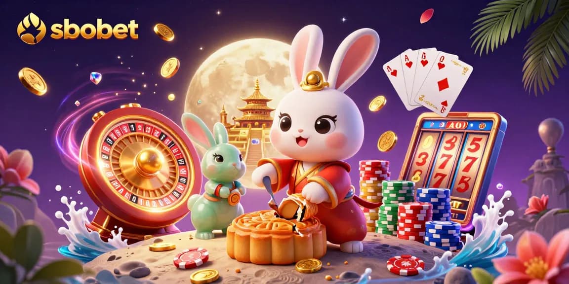 Bet on sbobet with vibrant scenes of luck including moon rabbit and casino elements.