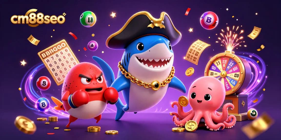 Engage with cm88seo's dynamic casino scene featuring iconic gaming symbols and characters.