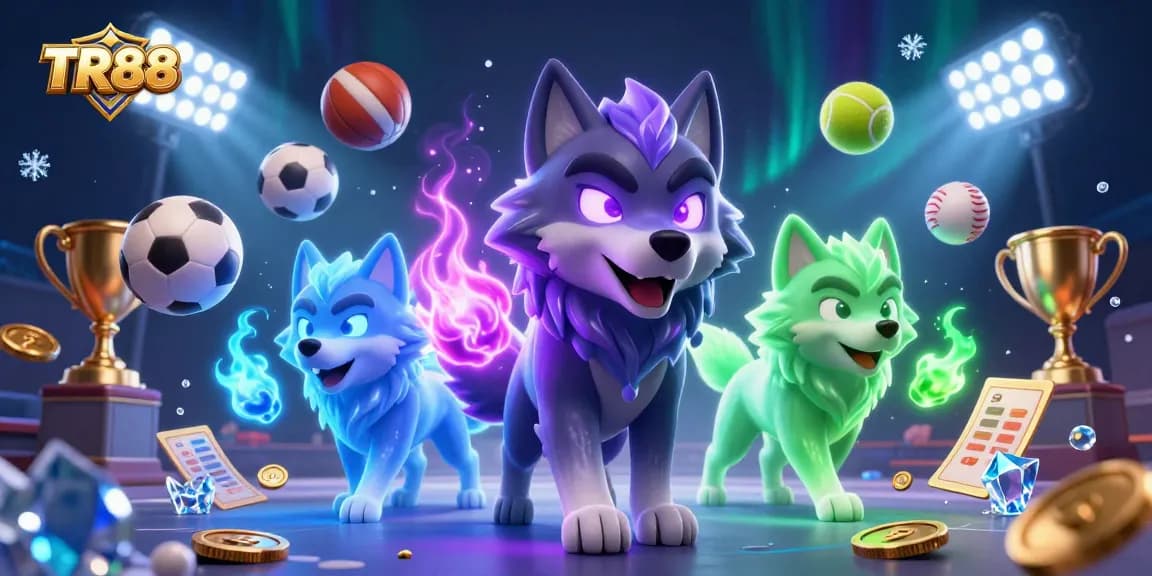 TR88 offers thrilling sports betting action with an illustrated wolf pack leader amid dynamic game elements.