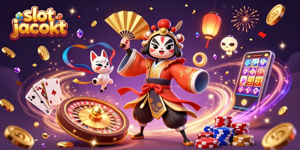 Slot jackpot yang menggembirakan dengan karakter menarik dan elemen permainan di sekitar.