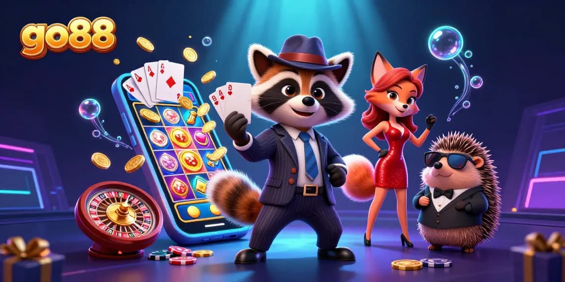 Experience exciting gaming action at go88 with vibrant 3D characters, slot games, and plenty of casino elements.
