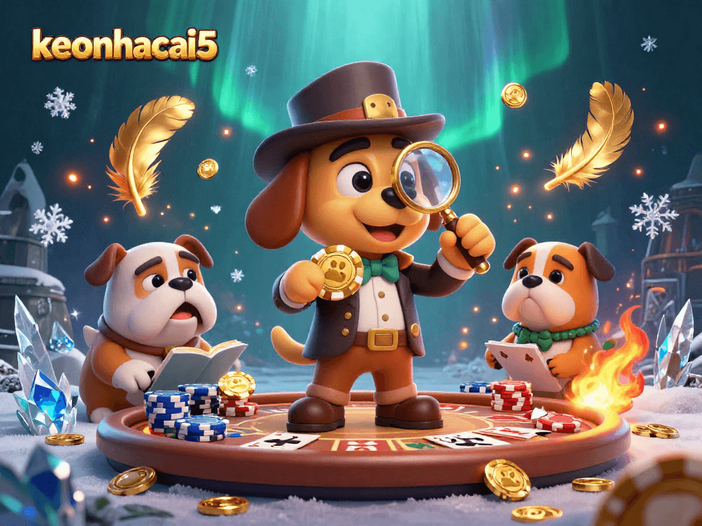 Engage with keonhacai5 while a cartoon detective and bulldog uncover hidden poker treasures.