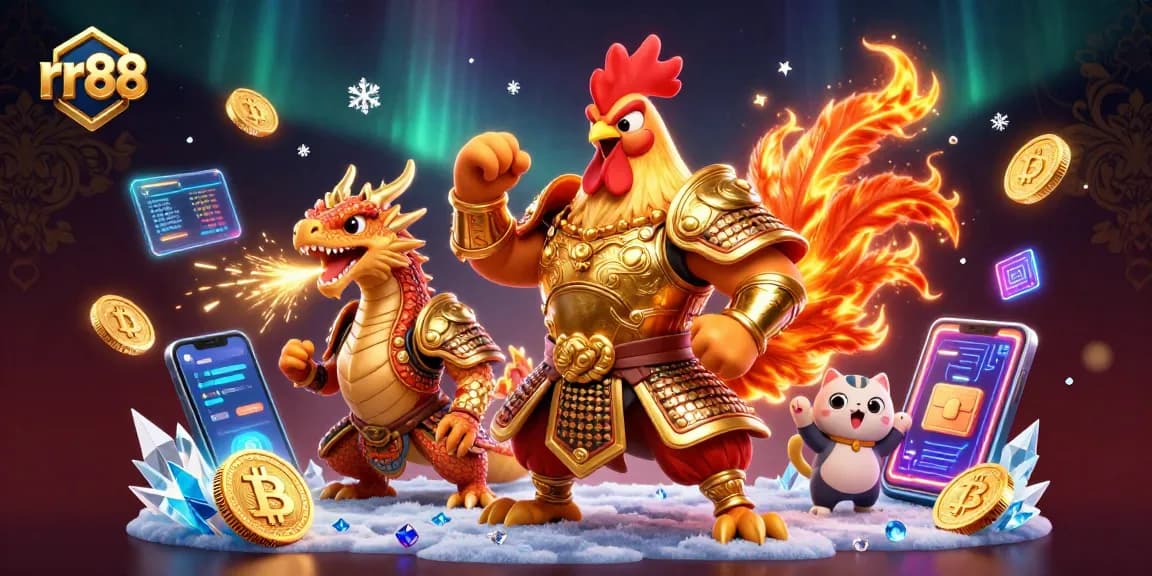 Engage with rr88's thrilling online gaming world featuring a rooster warrior and dragon in action.