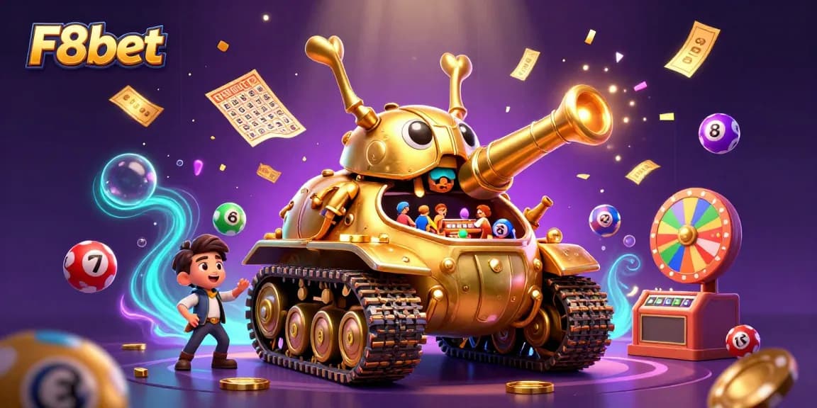 Experience F8bet's vibrant casino adventure inside a golden beetle tank, bursting with lottery excitement.