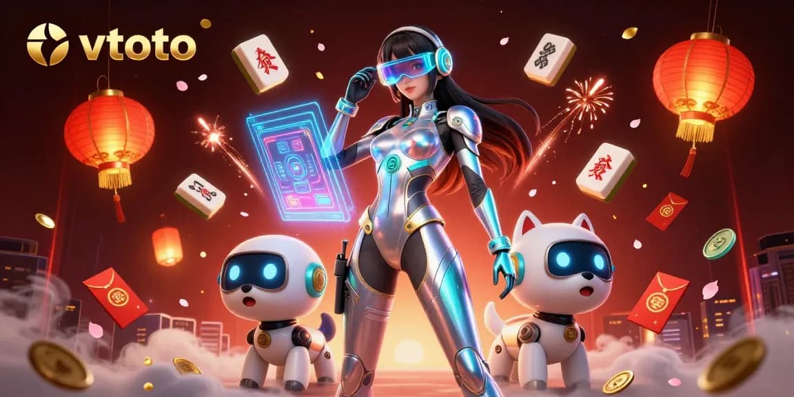 Engage in thrilling gaming with tvtoto featuring a futuristic woman and robot dog in a vibrant casino landscape.