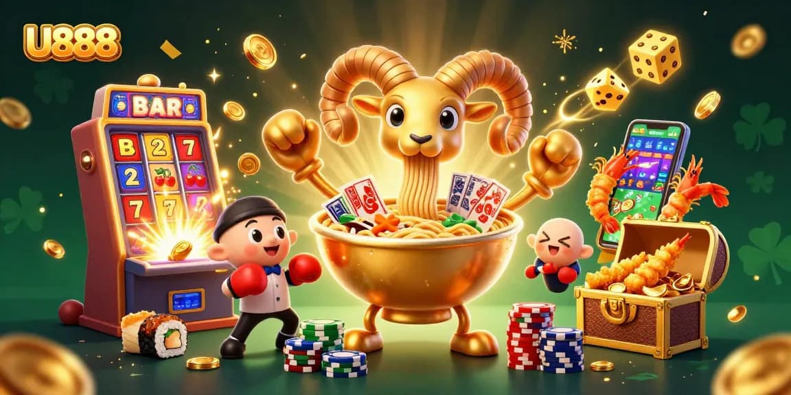 U888 casino art showcasing a giant ramen bowl dealer with vibrant slot themes