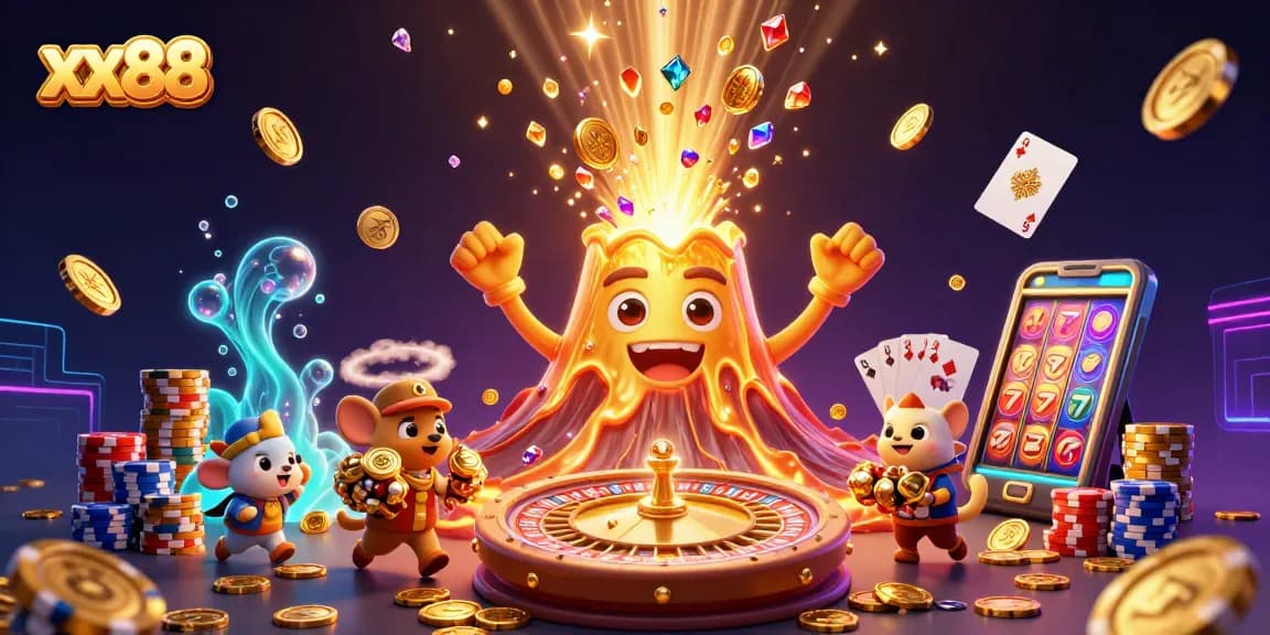 Experience explosive wins at xx88 with a triumphant volcano erupting coins and treasures.