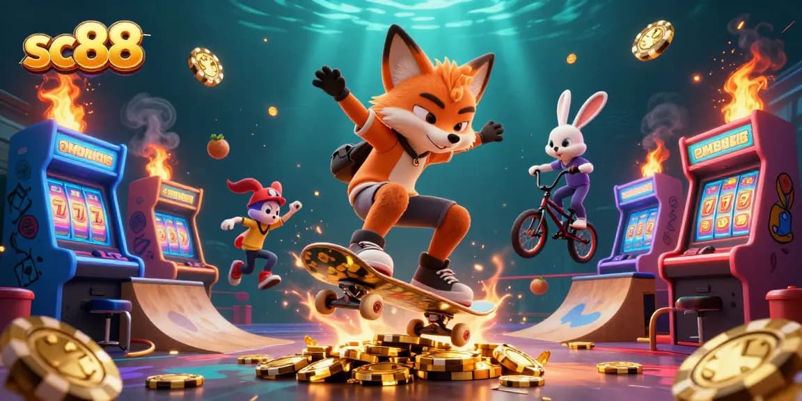 Experience thrilling adventures at sc88 with a cartoon fox flipping over poker chips in a vibrant casino scene.