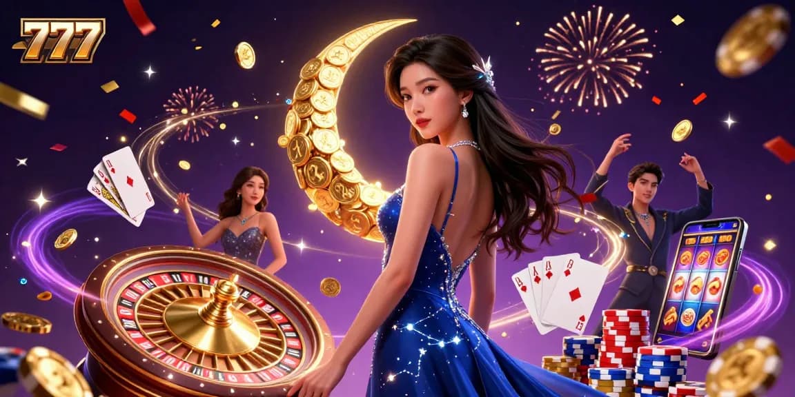 Immerse in the thrilling world of 777 as cascading coins and cards create an exhilarating casino atmosphere.