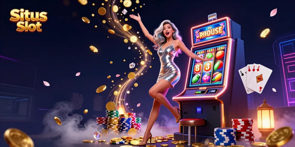Situs Slot promotional illustration featuring a joyful Asian woman celebrating a jackpot win with dynamic casino elements around her.