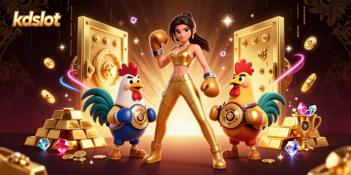 KDslot showcases an exciting scene with a powerful woman and a boxing rooster, highlighting the thrill of gambling.