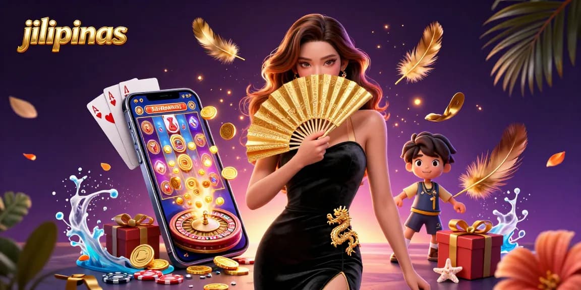 Engage with jilipinas' thrilling gaming experience featuring a captivating Asian model surrounded by casino elements.
