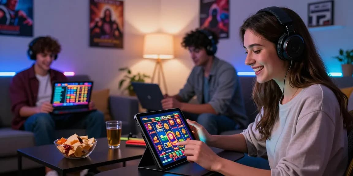 Pemain slot online di Pawangslot, wanita muda tersenyum sambil bermain di tablet dengan grafik permainan yang cerah dan menarik.