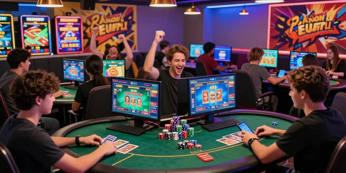 Exciting scene of young adults enjoying game bài đổi thưởng with colorful lights and engaging promotions.