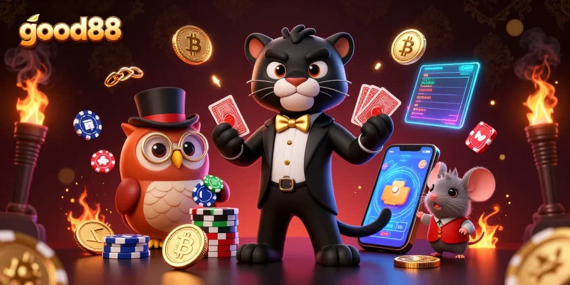 Good88 showcases a stylish panther dealer, owl with poker chips, and lucky mouse in a vibrant casino scene.