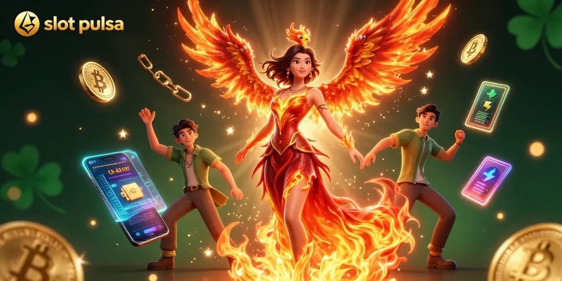 Play slot pulsa with engaging visuals featuring an Asian woman in a fiery gown and colorful 3D elements.