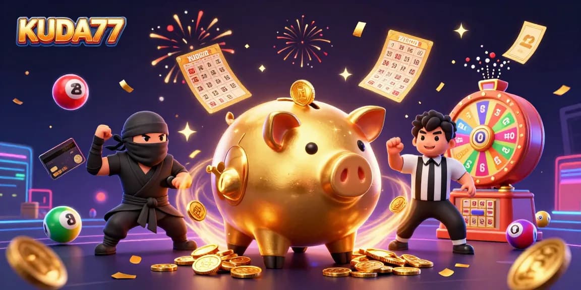 Permainan slot gacor KUDA77 dengan karakter unik dan efek uang berjatuhan.