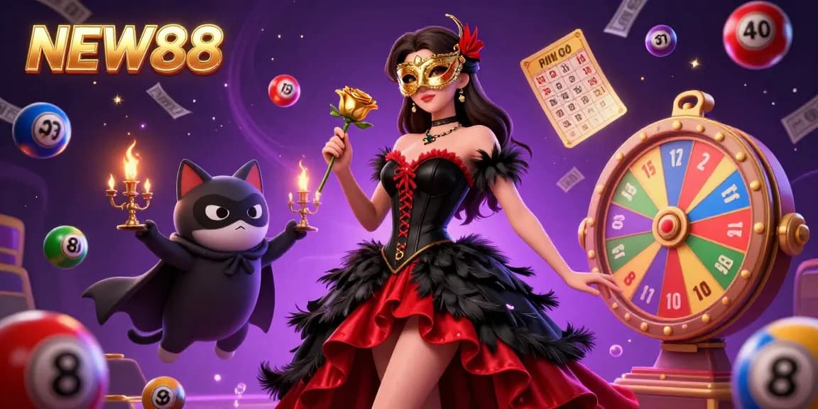 Experience the thrill of NEW88 with this vibrant casino-themed illustration featuring a stunning character and dynamic gaming elements.