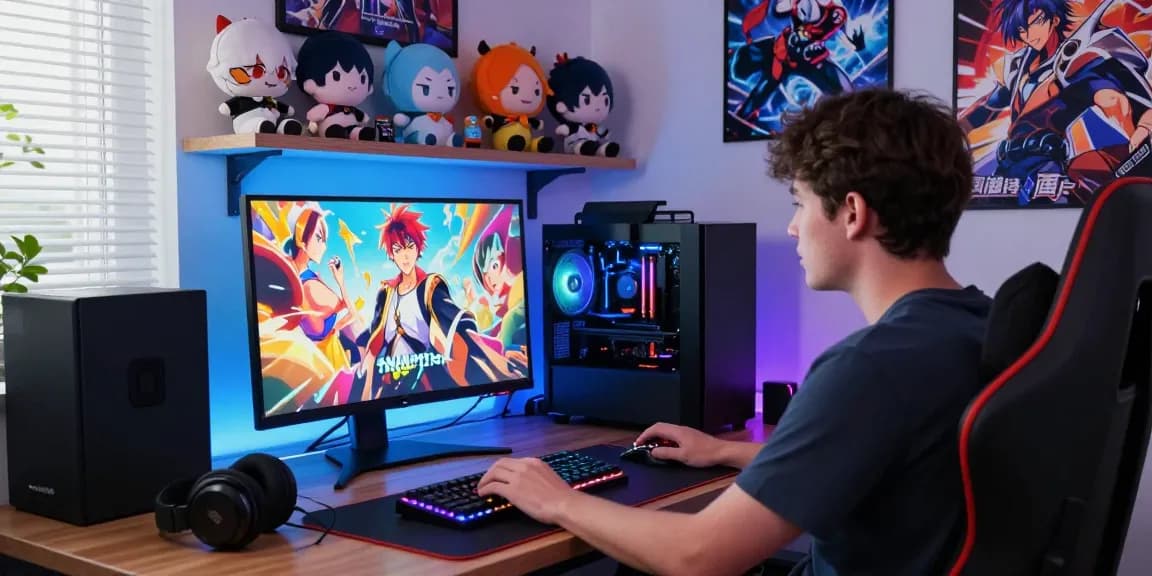 Engrossed gamer playing a hentai game with colorful setup, plush anime characters around.