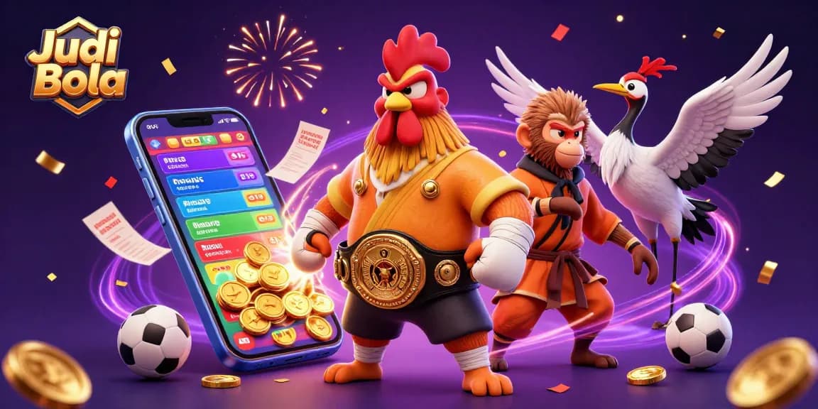 Engage in Judi Bola sports betting with vibrant characters, betting slips, and dynamic football elements.
