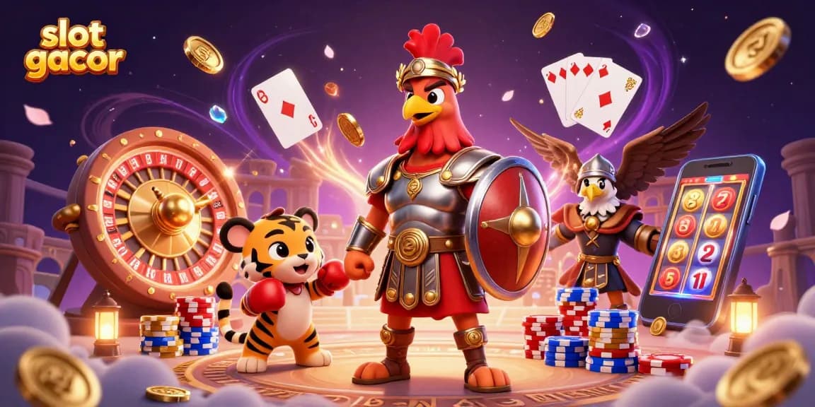 Spin to win with slot gacor, featuring dynamic casino elements and engaging characters.
