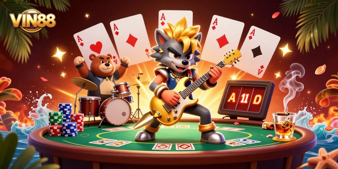 Play thrilling casino games with VIN88's vibrant 3D casino illustration showcasing poker excitement.