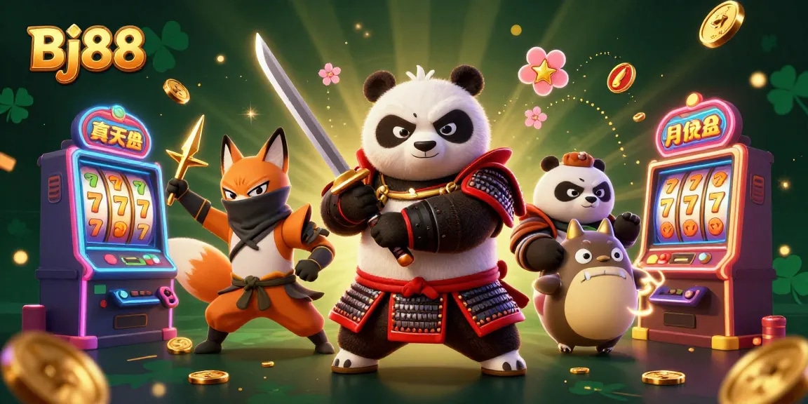 Bettors experience thrilling gameplay at Bj88 with samurai panda, ninja fox, and tanuki amidst casino treasures.