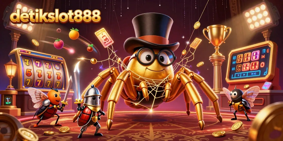 Engage with the thrill of detikslot888 as characters spin golden webs in a dynamic casino illustration.