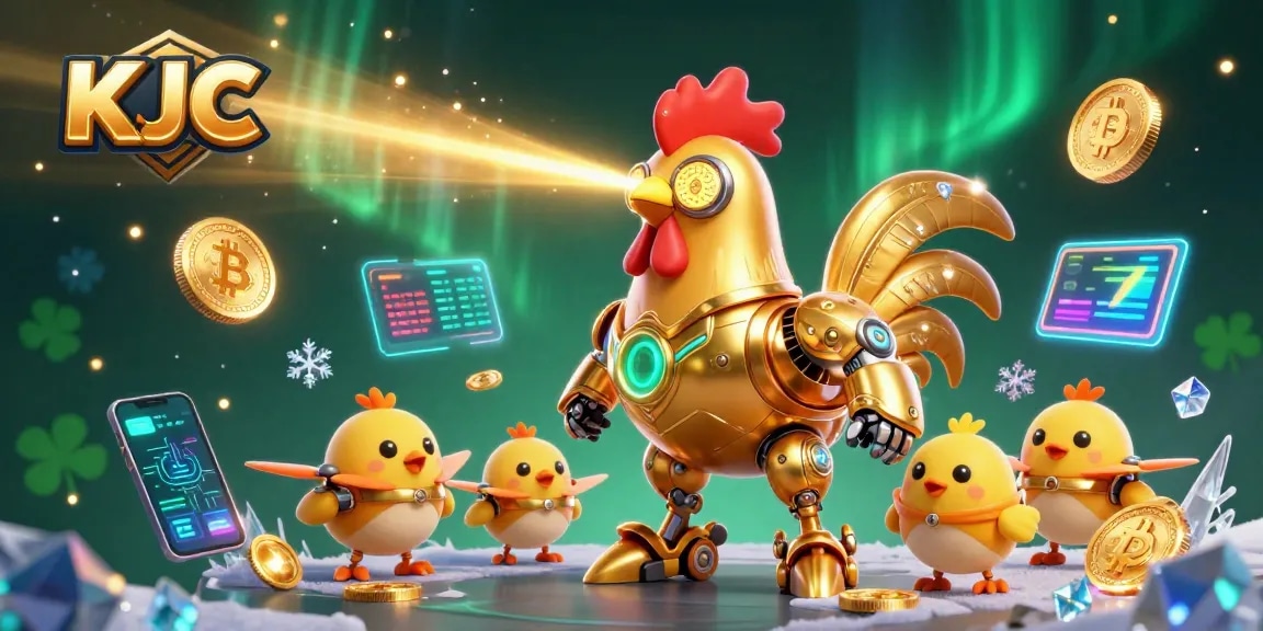 KJC showcases a vibrant 3D cartoon scene with a golden rooster robot engaging in laser action alongside crypto elements