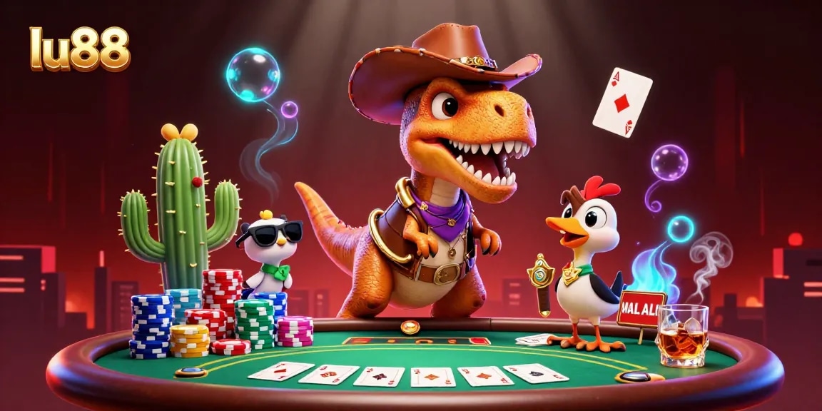 Engage in thrilling poker action with lu88 in a vibrant 3D animated casino scene.