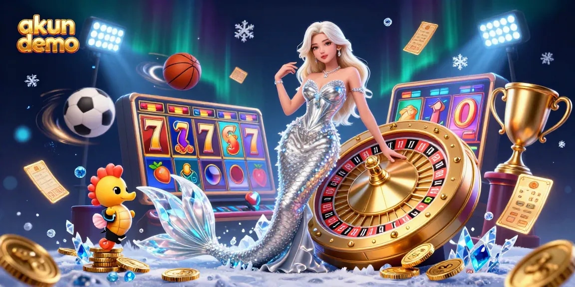 Experience thrilling gaming with akun demo in a vibrant 3D casino scene featuring roulette and slot elements.