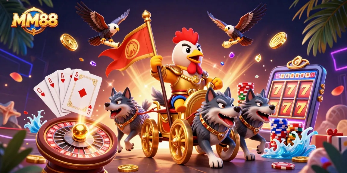 Experience thrilling adventures at MM88 with a dynamic illustration of a rooster warlord amidst casino excitement.