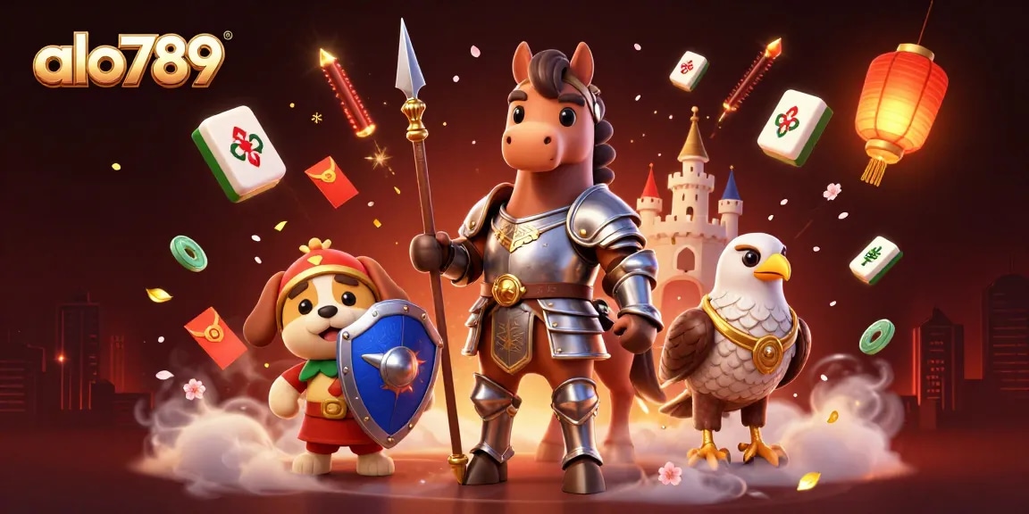 Alo789 brings excitement with a knight, puppy, and falcon, celebrating victory in a vibrant casino scene.