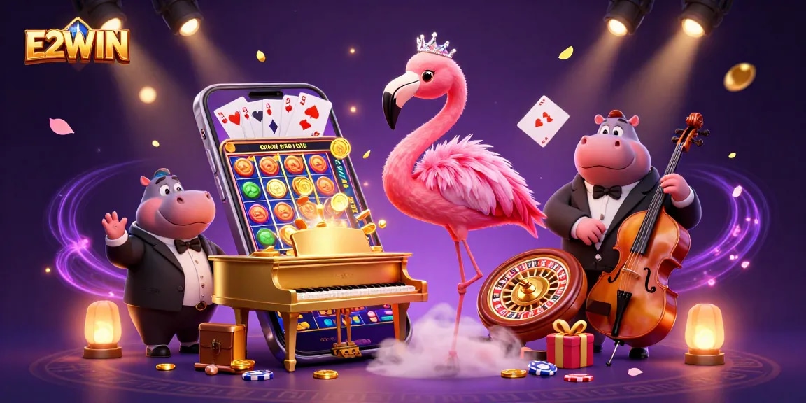 E2WIN ignites the excitement of casino action with a vibrant illustration of flamingo and hippo characters amidst slot games and cards.