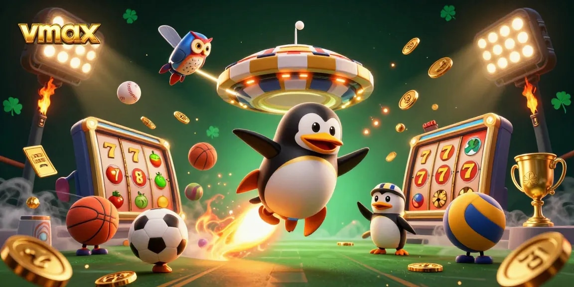 Experience vmax with a thrilling 3D illustration featuring a golden penguin and dynamic casino elements.