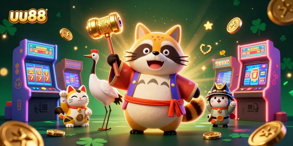 Engage in thrilling games at uu88 with a vibrant scene of a tanuki and fortune cats surrounded by arcade elements.