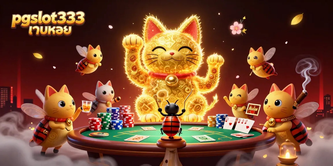Engage with pgslot333 เว็บตรง as a giant lucky cat comes alive amid vibrant casino elements.