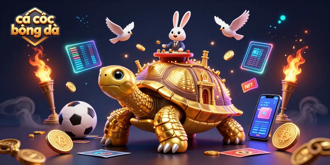 Engage in cá cược bóng đá with a vibrant scene featuring a golden tortoise casino, a rabbit dealer, and flying coins.