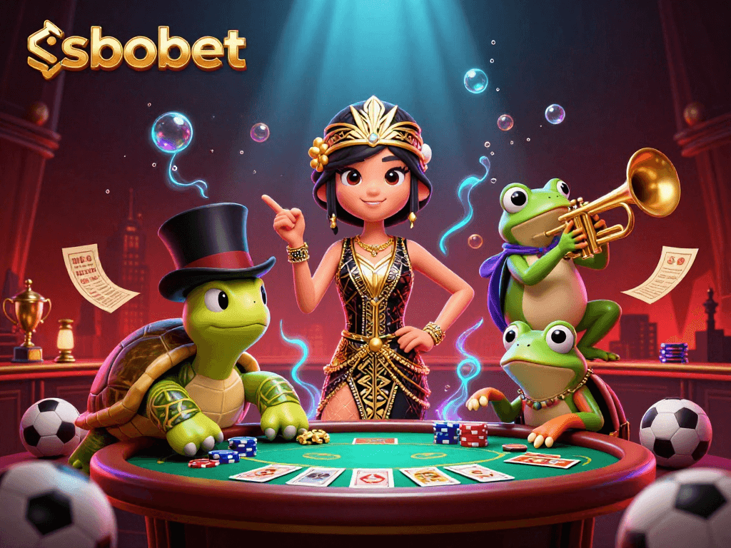 Place bets with sbobet in an energetic sports betting scene featuring fun characters and vibrant casino elements.