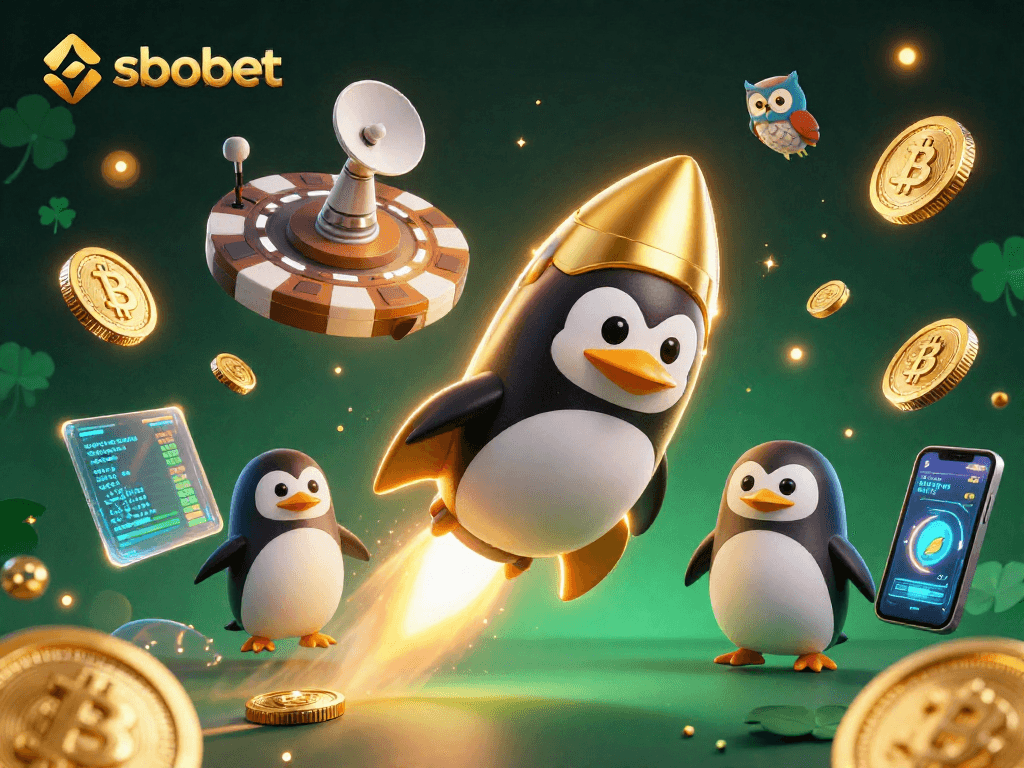 Bet on sbobet as a 3D golden penguin flies towards a casino shaped chip amidst Bitcoin and Ethereum.
