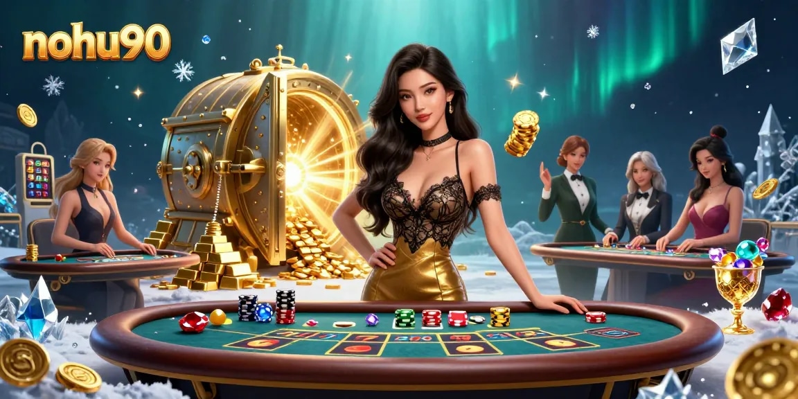 Nohu90 showcases a glamorous Asian woman at a high-stakes casino table, surrounded by vibrant slot visuals.