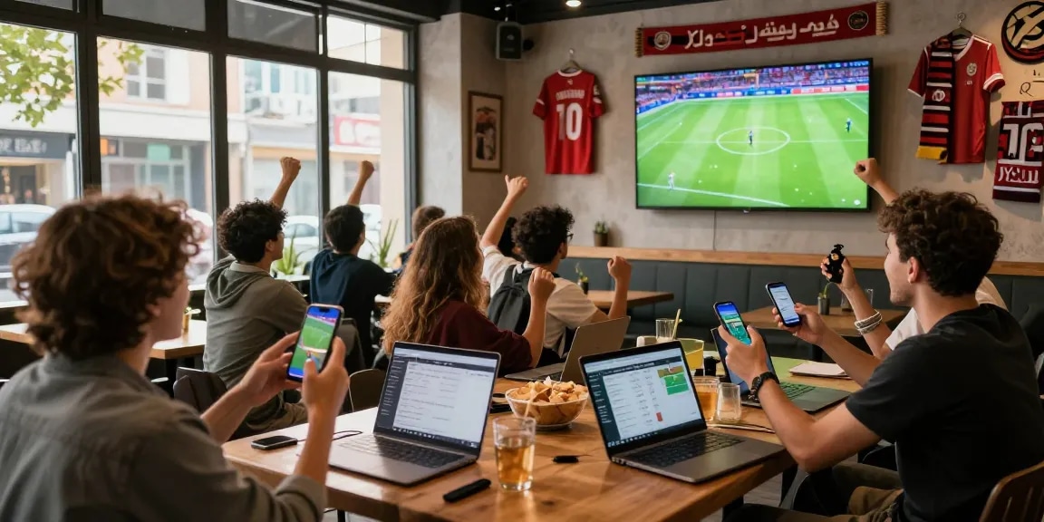 Friends cheering in a café during مباريات اليوم with live football match on screen and sports memorabilia.