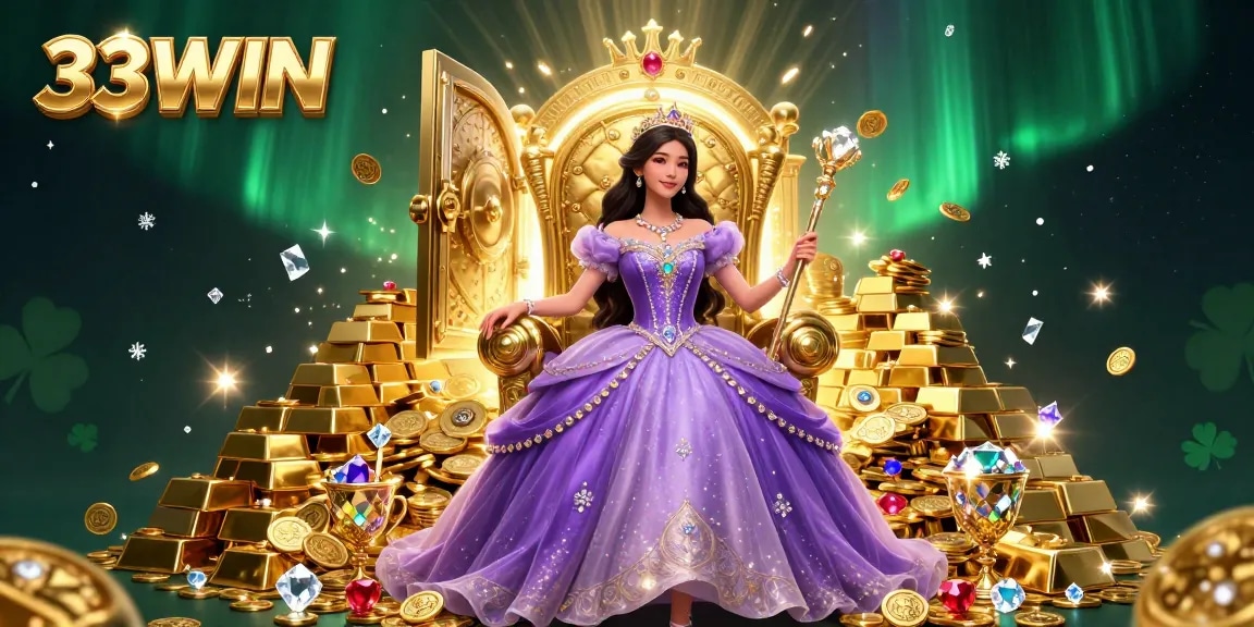 Engage with 33WIN's opulent casino prizes amid stunning 3D majestic visuals highlighted by golden treasures.