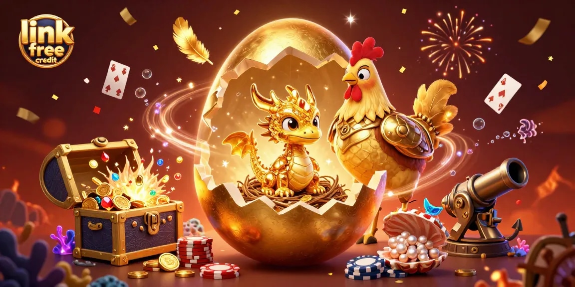Claim link free credit while enjoying a 3D gold dragon and casino-themed treasures.